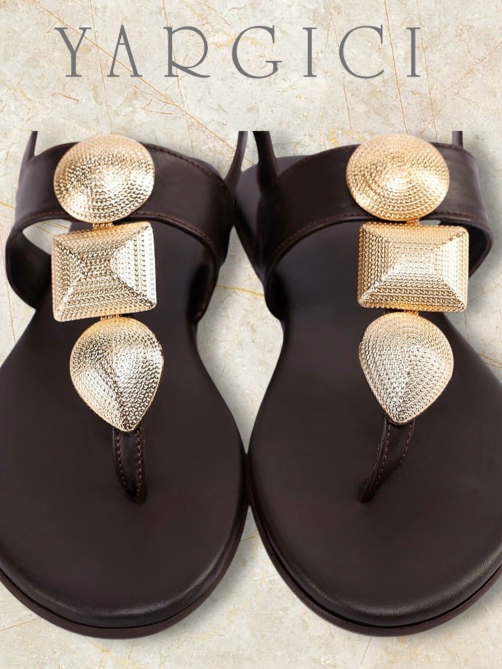 YARGICI Women's Brown Leather Flat Thong Sandals with Gold Accent Ornaments